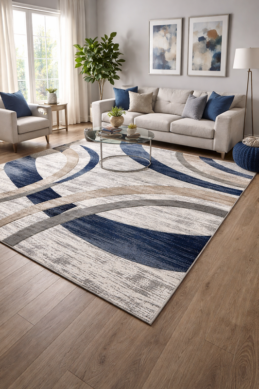 Covor cu Insertii 3D Linii,Gri/Albastru/Bej