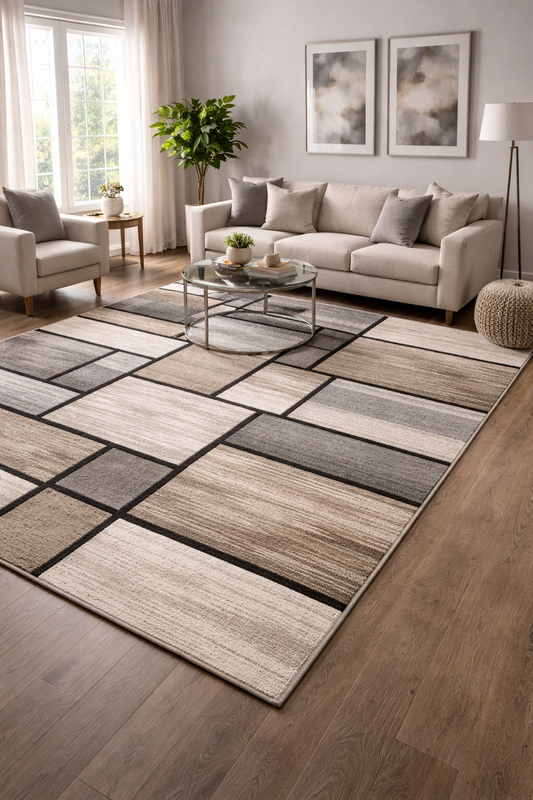 Covor cu Insertii 3D Patrate,Gri/Bej