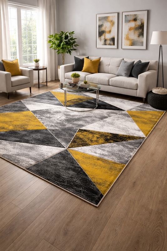 Covor cu Insertii 3D Triunghiuri,Gri/Galben