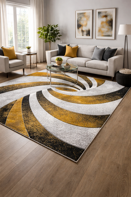 Covor cu Insertii 3D Dungi,Gri/Galben