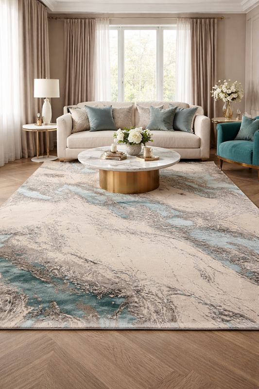 Covor Tip Lini ,Gri/Turcoaz/Bej