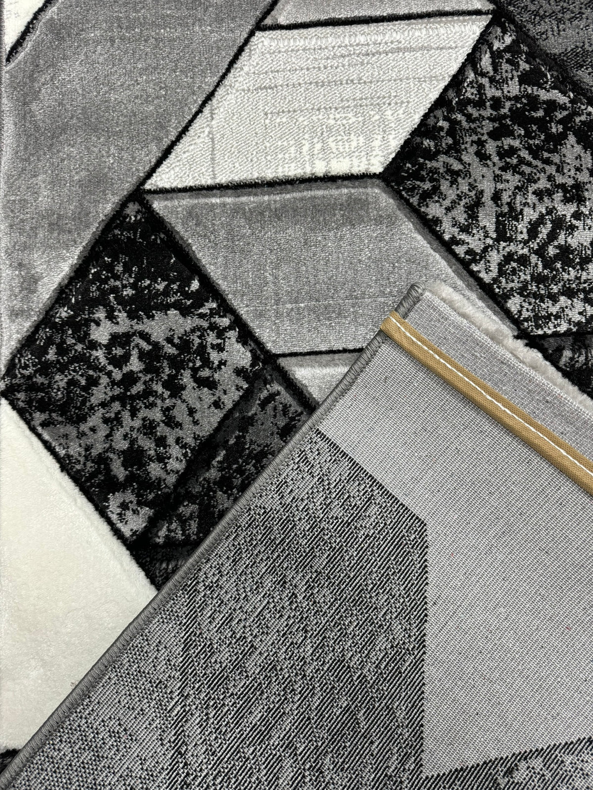 Hutton Romburi Covor cu Insertii Geometrice de tip Romburi si Dreptunghiuri,Gri/Negru ...