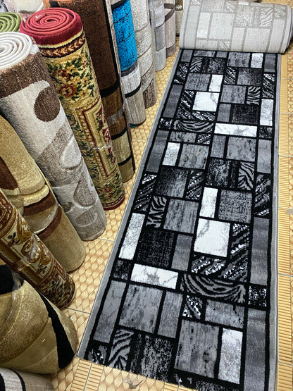 Traversa cu Insertii Geometrice tip Patrate ,Gri/Negru/Bej