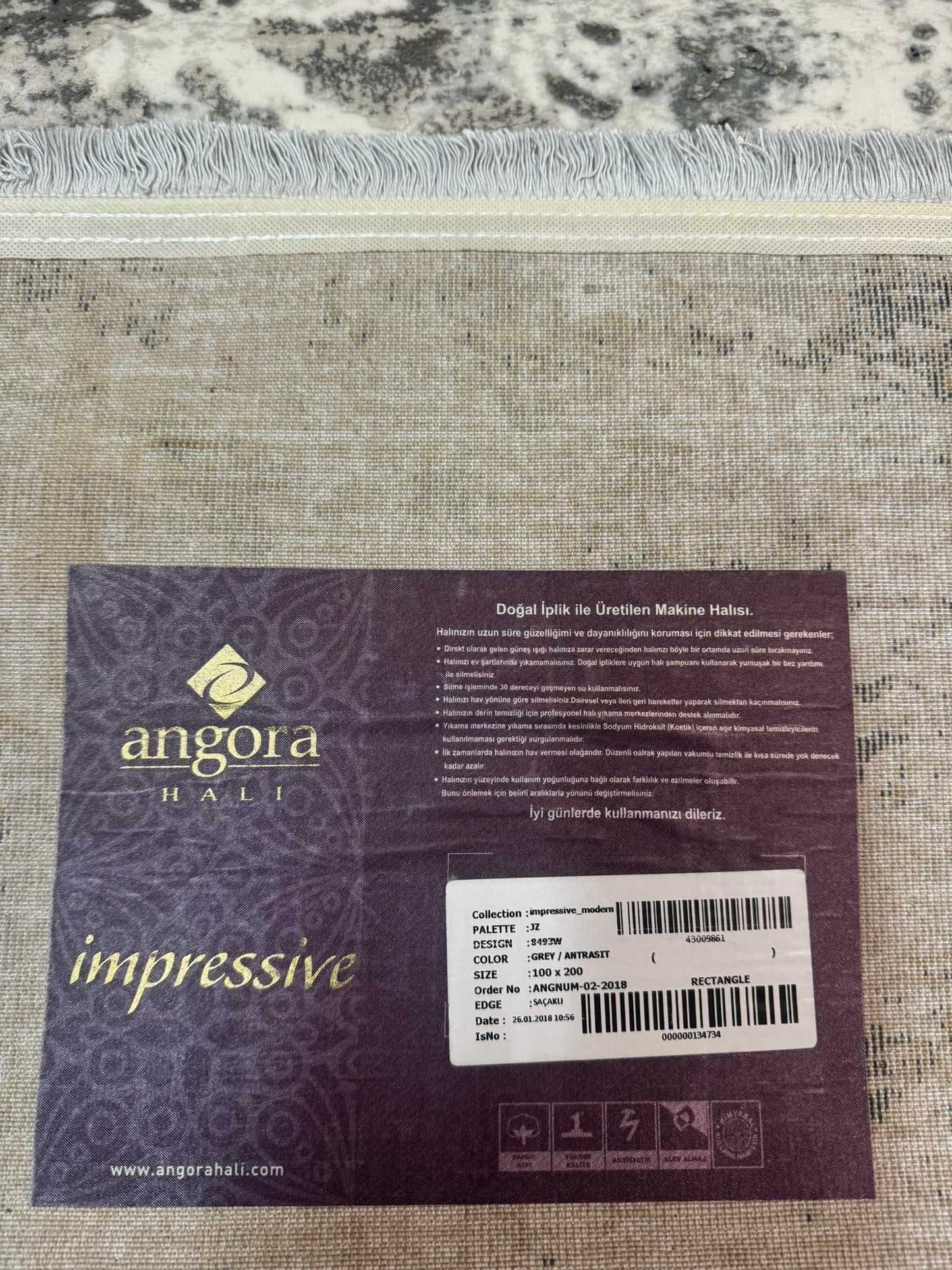 Covor Premiu Angora Hali Modern Tip Picasso cu Franjuri,Gri/Antracid