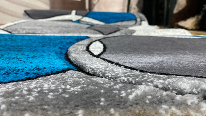 Covor cu Insertii Geometrice de Tip Linii ,Gri/Turqoise