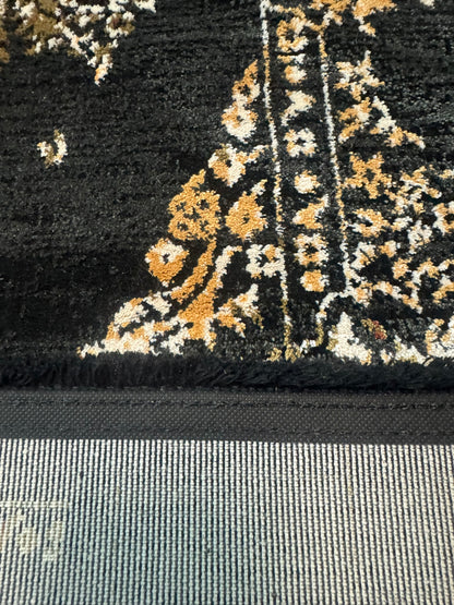 Covor Modern cu Insertii Florale,Negru/Maro/Bej/Verde/Albastru/Auriu