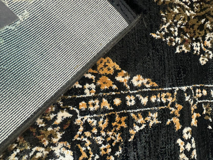 Covor Modern cu Insertii Florale,Negru/Maro/Bej/Verde/Albastru/Auriu
