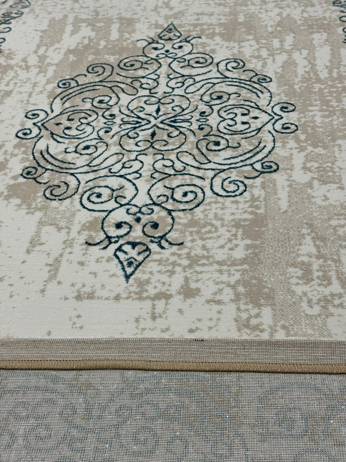 Covor Premium cu Insertii Tip Hena , Turqoise/Crem