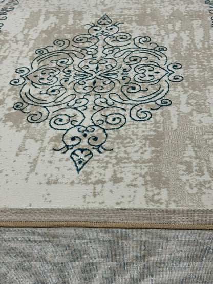 Covor Premium cu Insertii Tip Hena , Turqoise/Crem