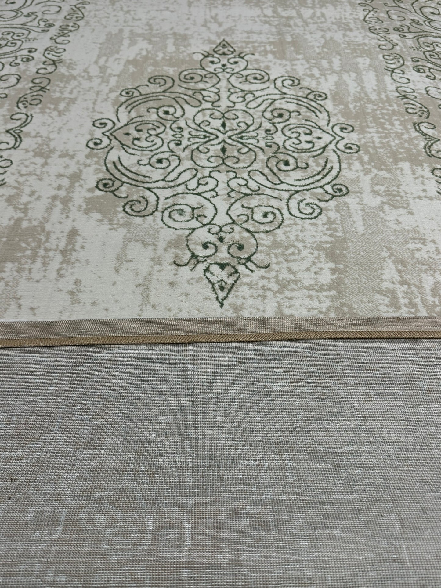 Covor Premium cu Insertii tip Hena,Verde/Crem