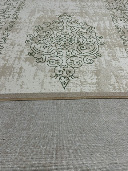 Covor Premium cu Insertii tip Hena,Verde/Crem