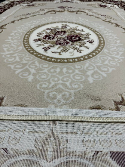 Covor Premium Stil Clasic Cu Medalion si Insertii Florale ,Bej/Grena