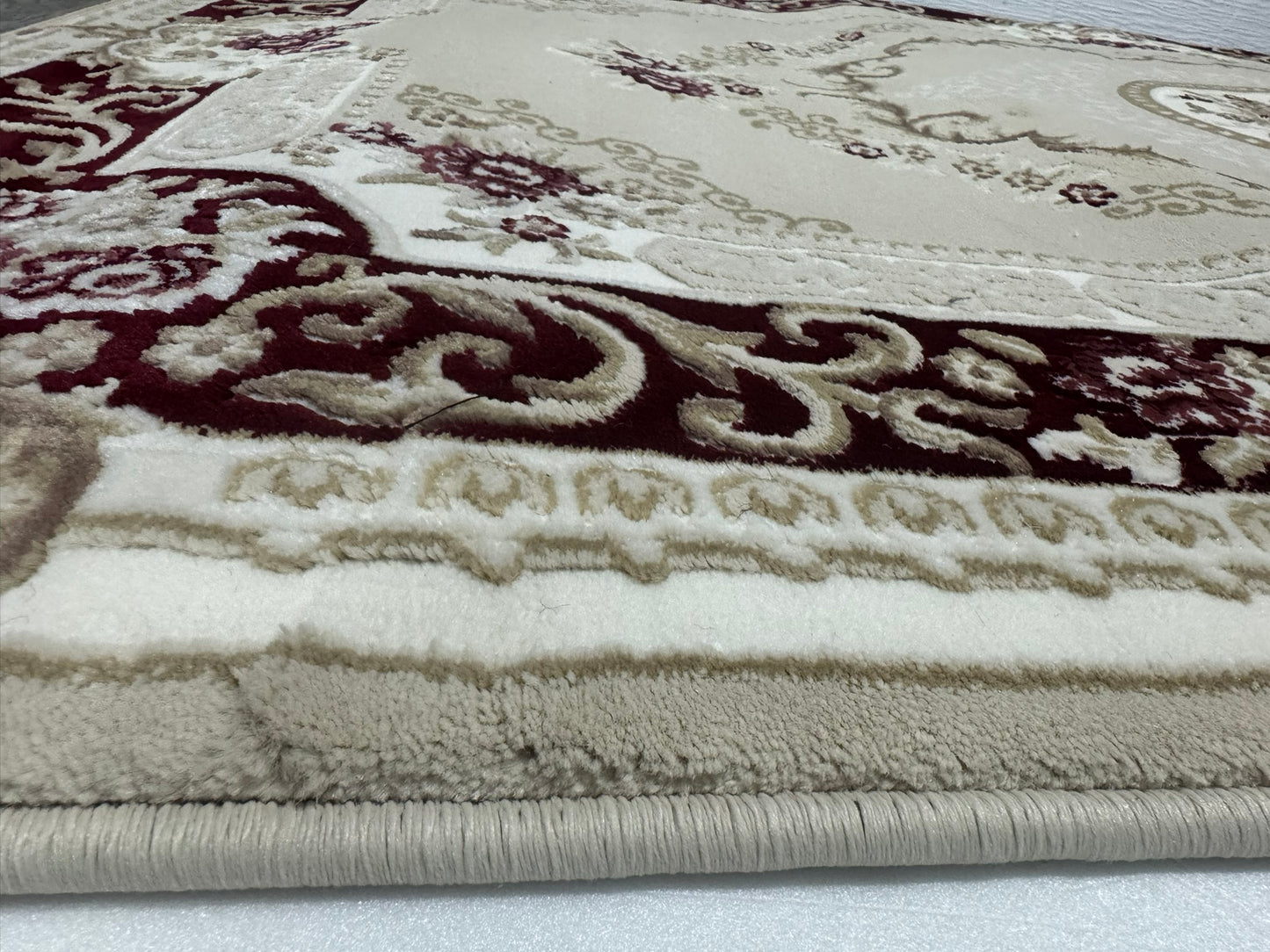 Covor Premium Stil Clasic Cu Medalion si Insertii Florale ,Bej/Grena