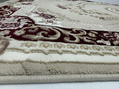 Covor Premium Stil Clasic Cu Medalion si Insertii Florale ,Bej/Grena