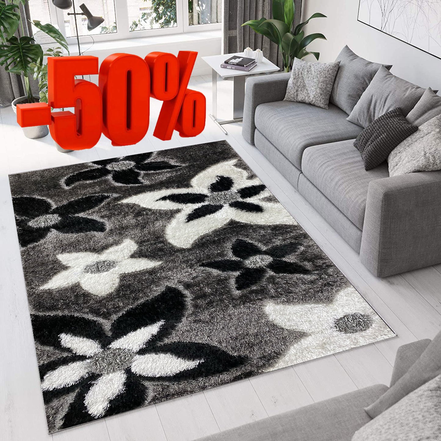 Covor Pufos Cu fir De Matase Cu Insertii Florale,Gri/Alb/Negru