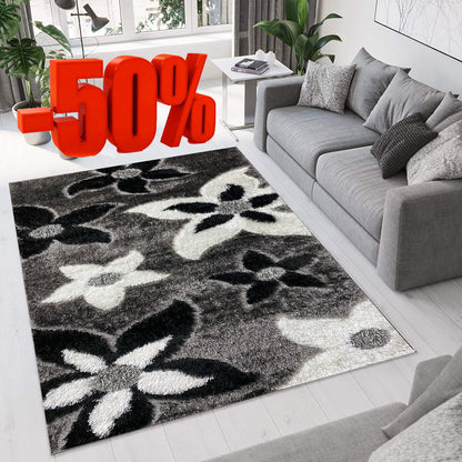 Covor Pufos Cu fir De Matase Cu Insertii Florale,Gri/Alb/Negru