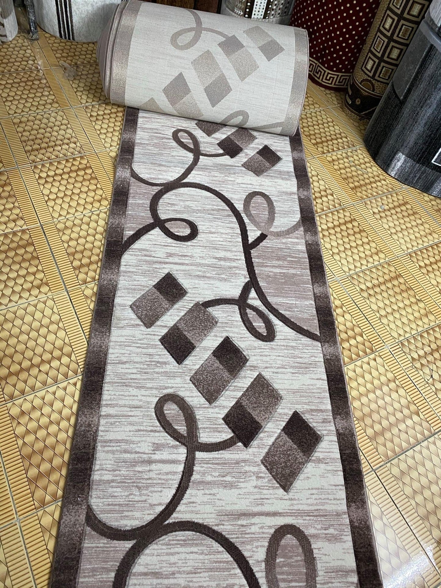 Traversa cu Insertii Geometrice Moderne tip Cercuri , Crem/Grej