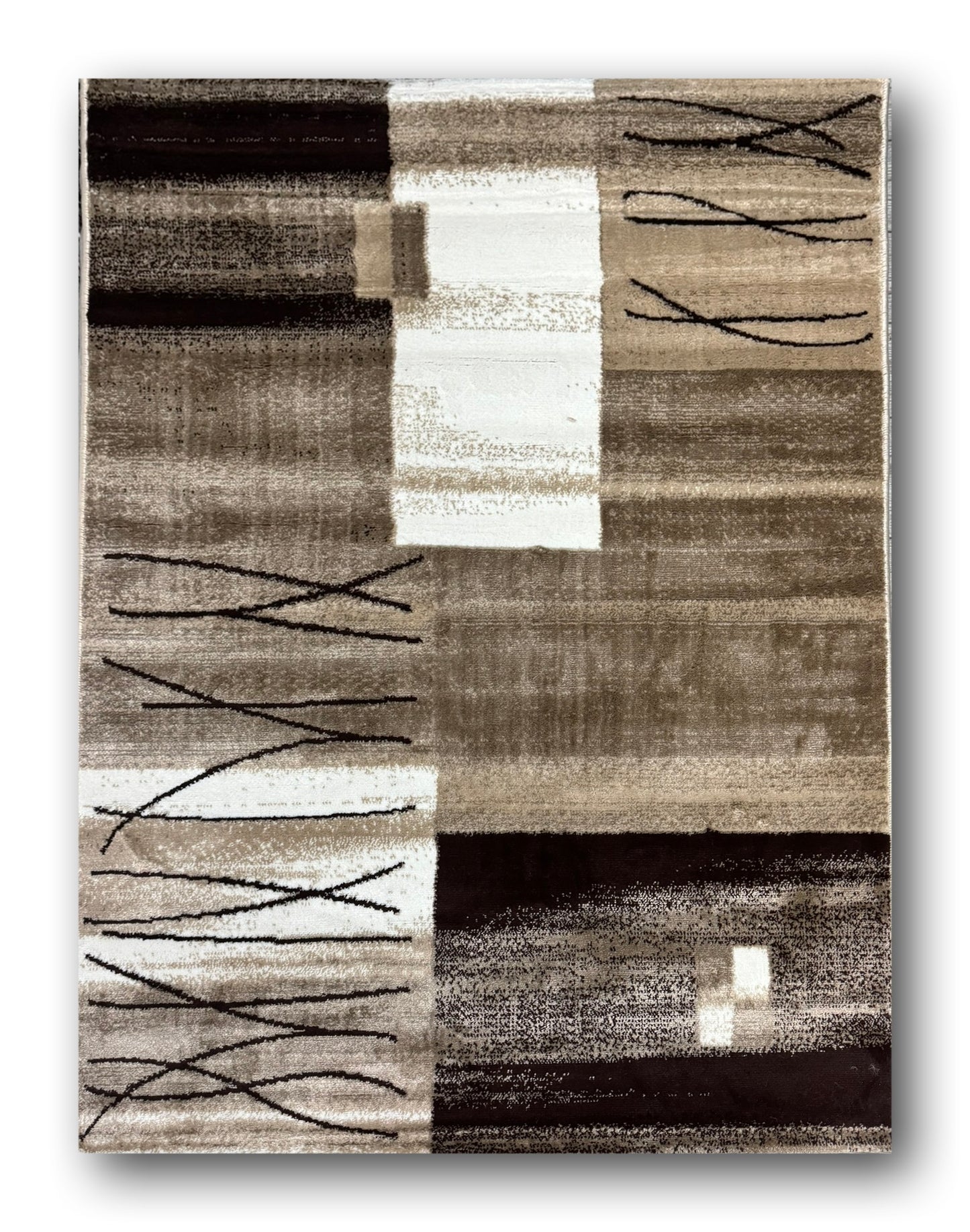 Covor cu Insertii Geometrice Tip Lini ,Bej/Crem