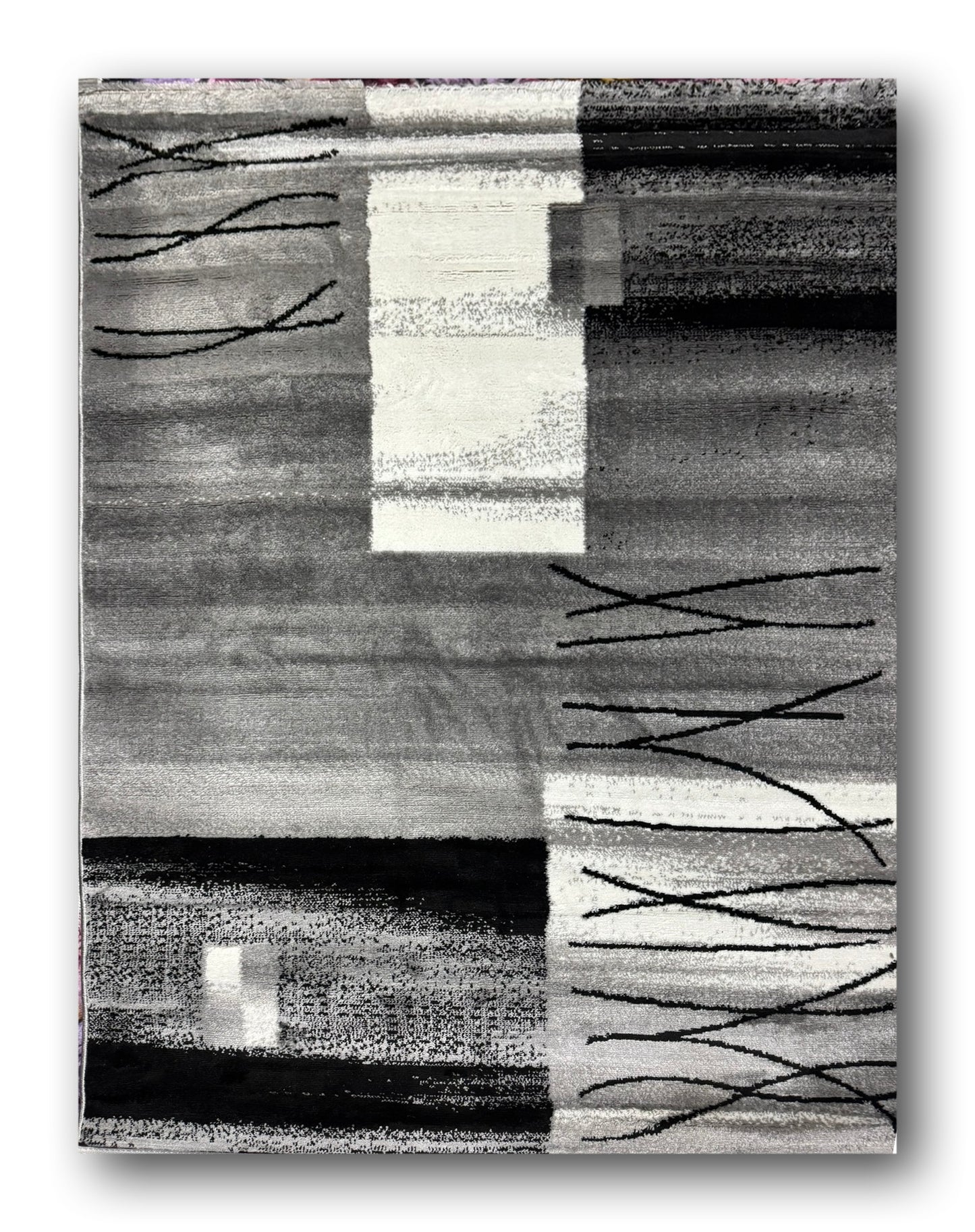 Covor cu Insertii Geometrice Tip Lini,Gri/Bej/Negri
