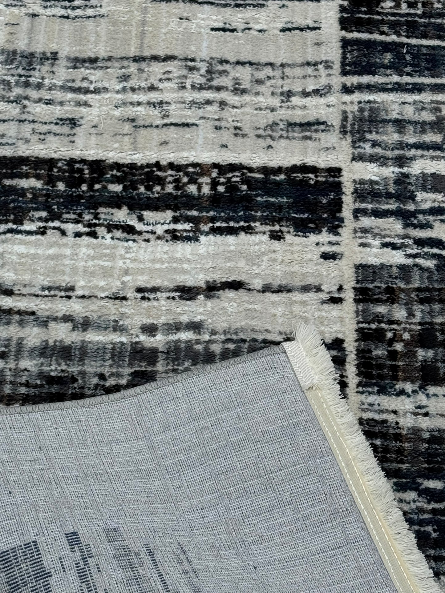 Covor cu Insertii Geometrice in Chenar si Franjuri ,Crem/Gri/Indigo