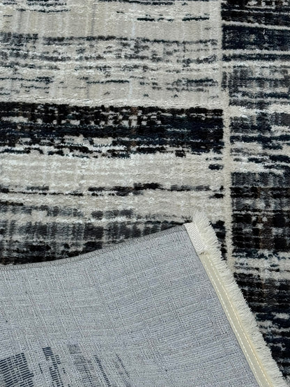 Covor cu Insertii Geometrice in Chenar si Franjuri ,Crem/Gri/Indigo