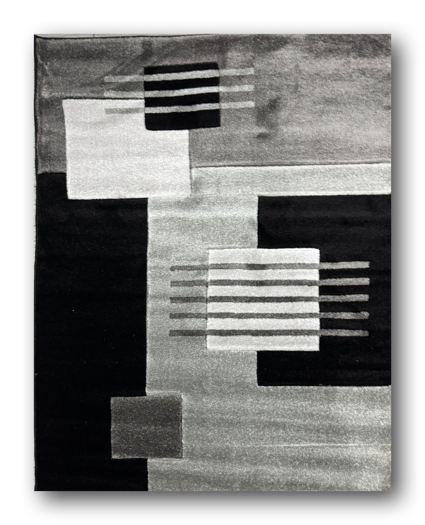 Covor 120x170 cm cu Insertii Geometrice Tip Patrate,Gri/Bej/Negru