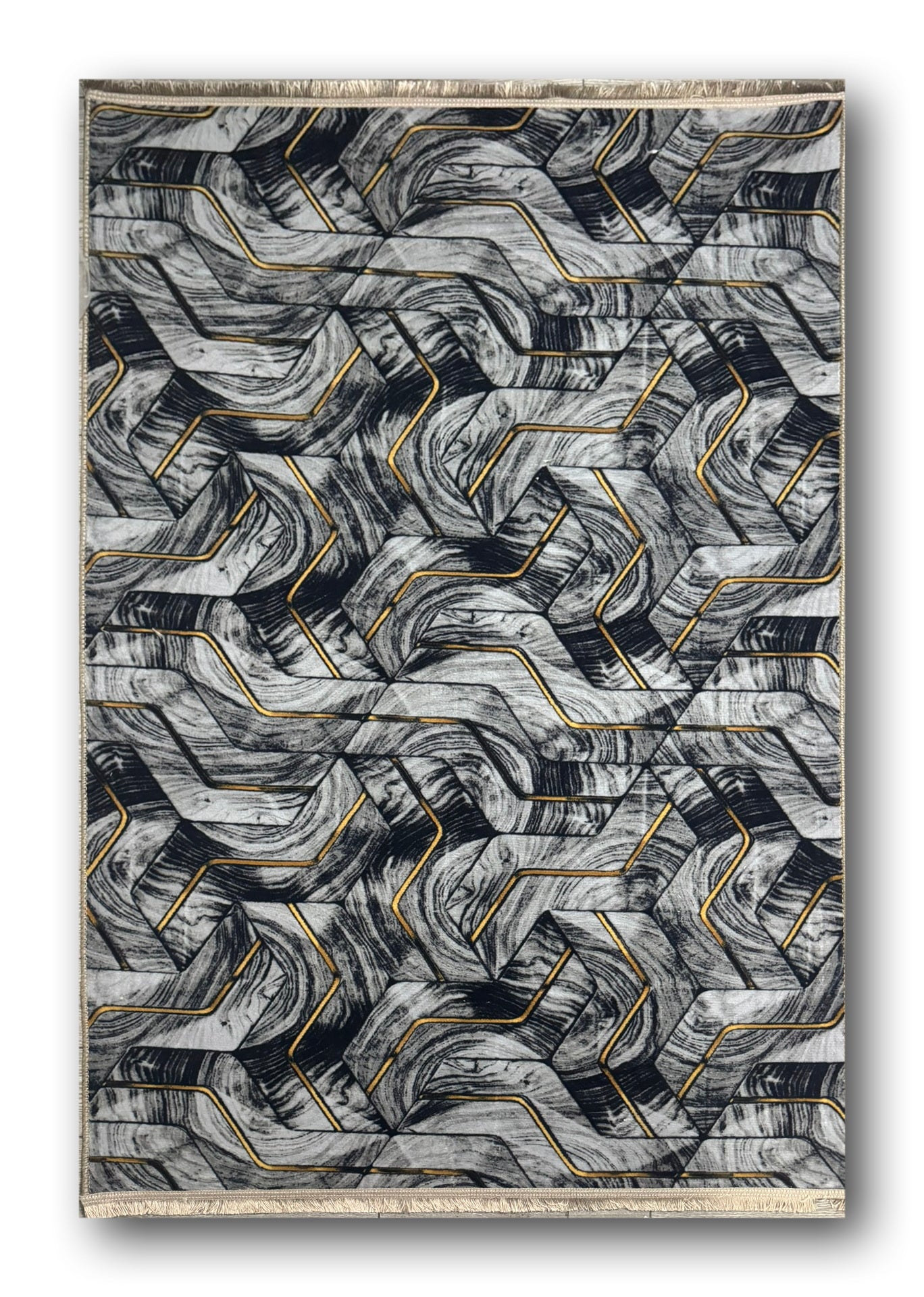 Set Covor Cu Traverse Antiderapante cu Insertii Moderne tip Valuri 3D,Gri/Auriu