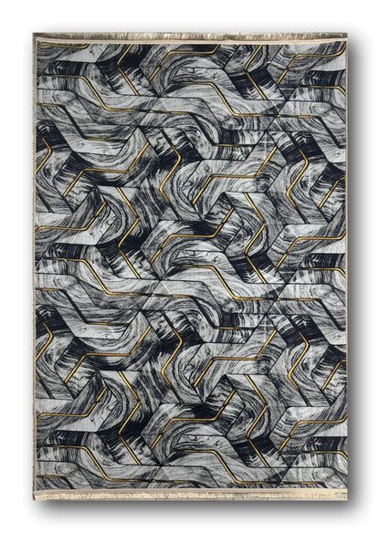 Set Covor Cu Traverse Antiderapante cu Insertii Moderne tip Valuri 3D,Gri/Auriu