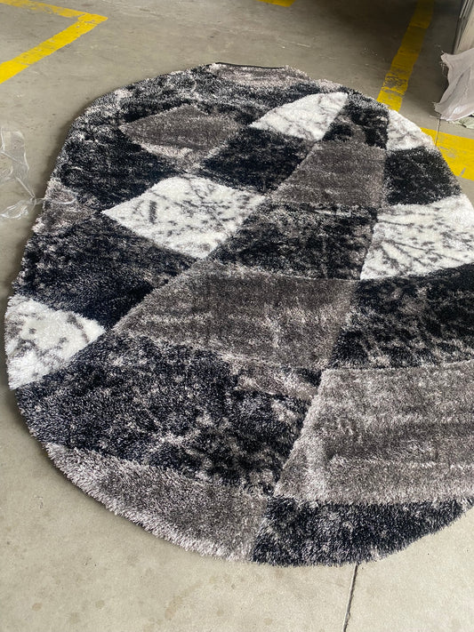 Covor Oval Pufos cu Fir de Matase si Bumbac 3D,Gri/Negru/Alb