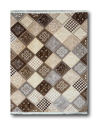 Set Covor Cu Traverse cu Insertii Moderne Tip Romburi ,Antiderapante ,Bej/Maro