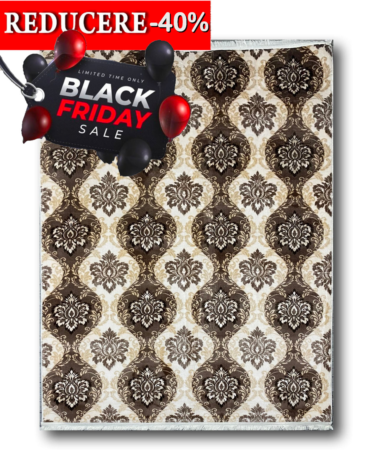 Covor Antiderapant cu Insertii Florale ,Bej/Maro