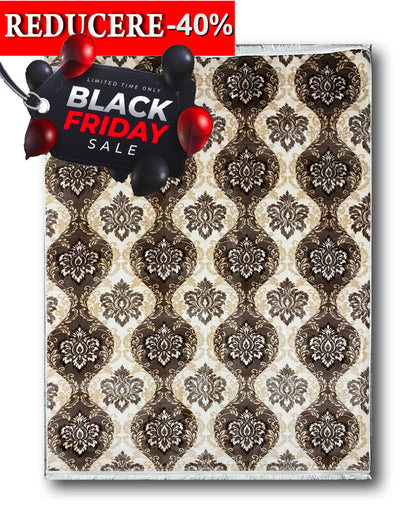 Covor Antiderapant cu Insertii Florale ,Bej/Maro