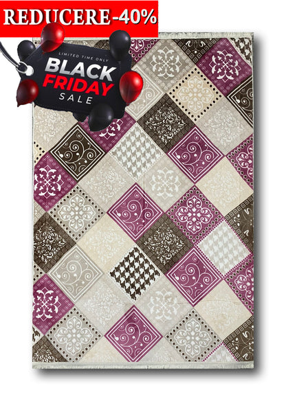 Covor Antiderapant cu Insertii Moderne tip Romburi ,Bej/Roz