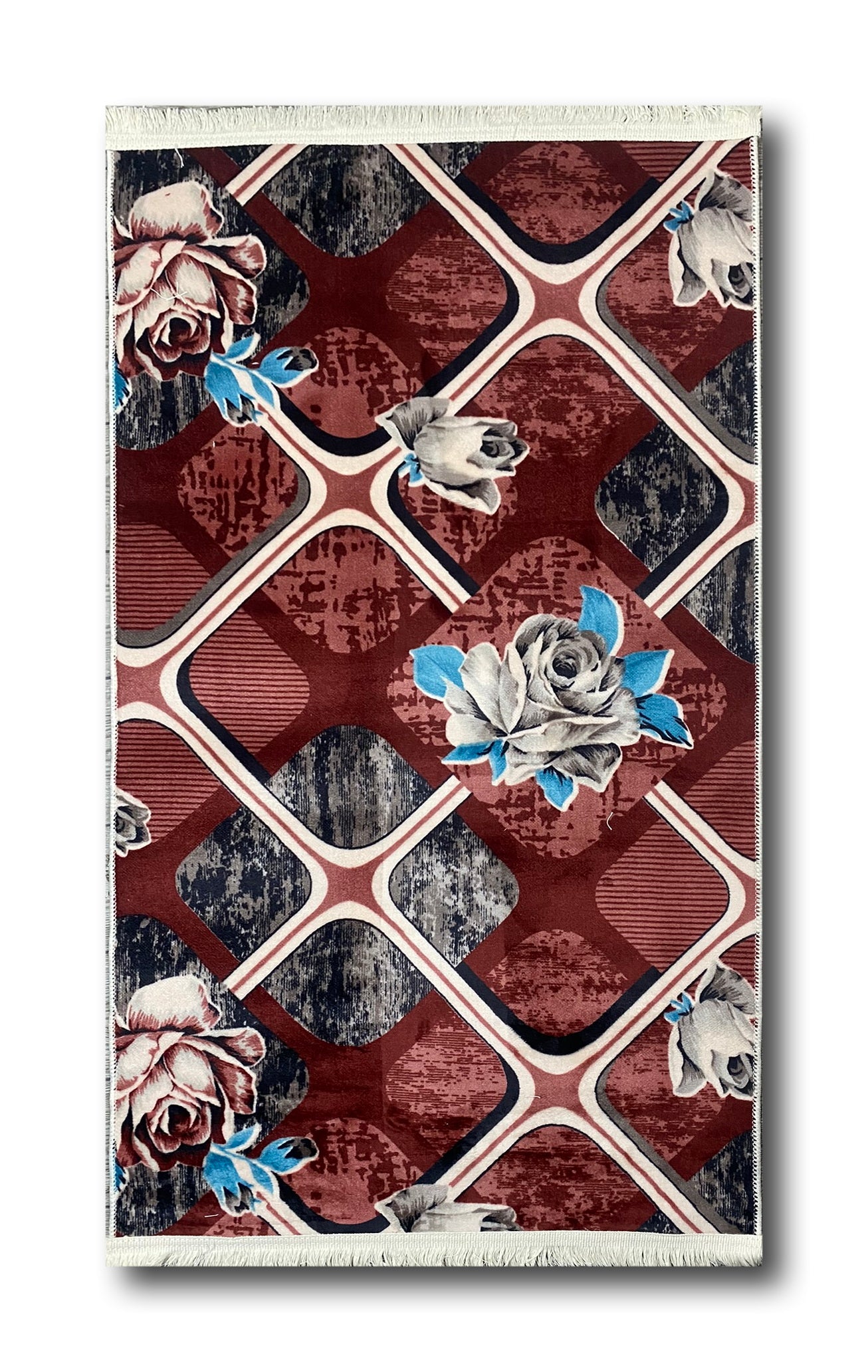 Set Covor Cu Traverse Antiderapante cu Insertii Florale ,Grena/Bej/Bleo
