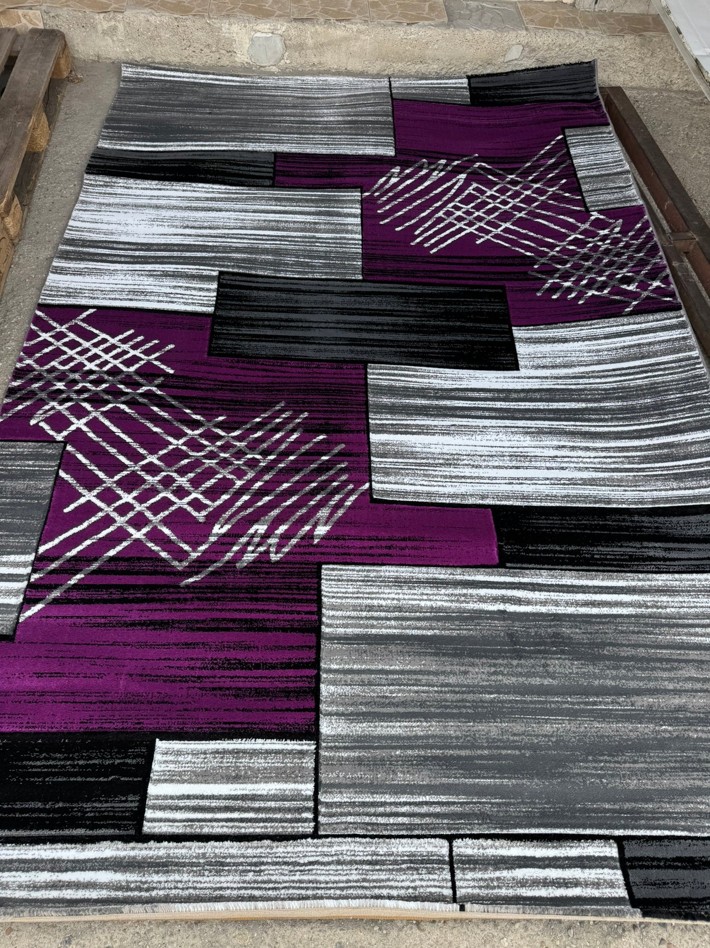 Covor Modern tip Patrate si Lini, Gri/Negru/Mov