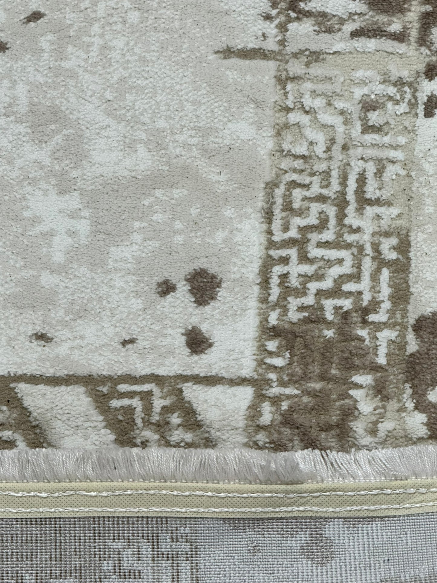 Covor Premium Modern Cu Insertii Grecesti si Franjuri,Bej/Crem