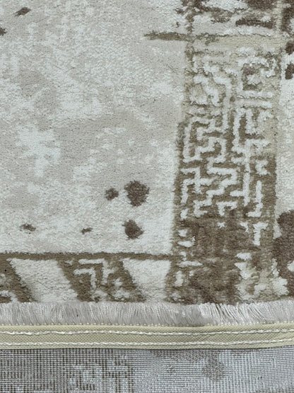 Covor Premium Modern Cu Insertii Grecesti si Franjuri,Bej/Crem