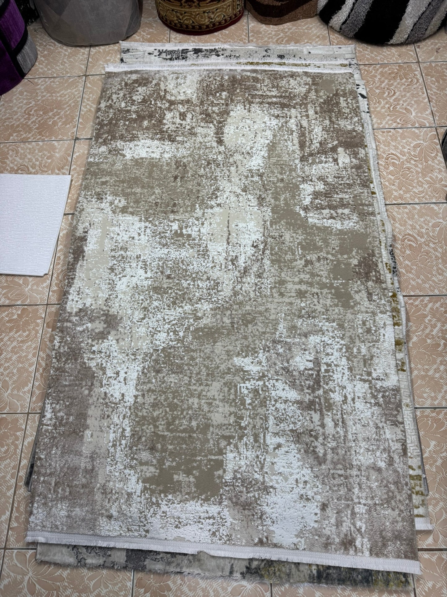 Covor Premium Modern Cu Insertii Moderne si Franjuri ,Bej/Crem