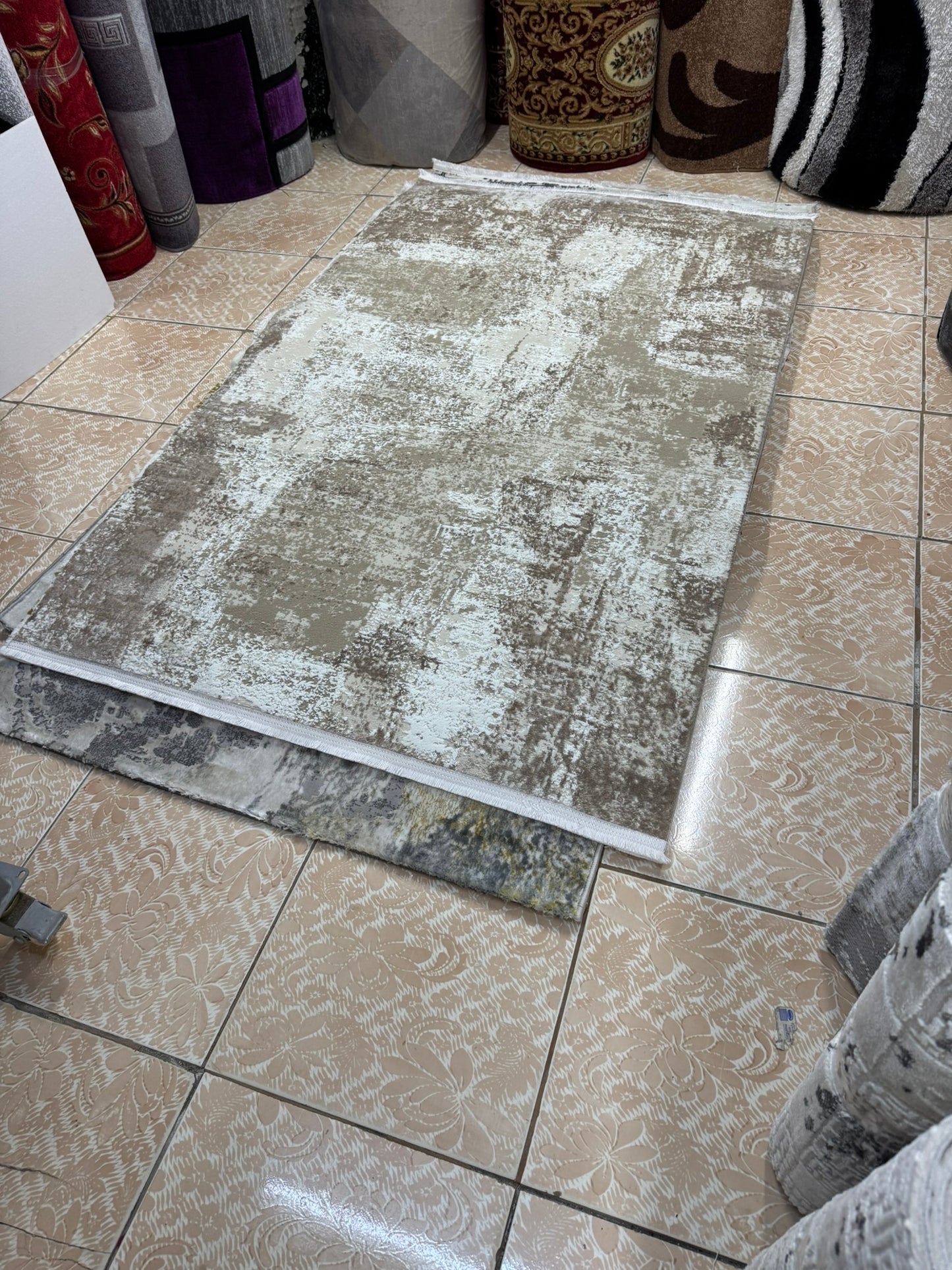 Covor Premium Modern Cu Insertii Moderne si Franjuri ,Bej/Crem