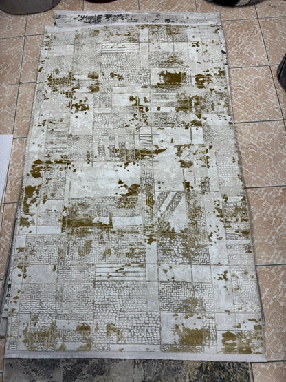 Covor Premium Modern Cu Insertii Grecesti si Franjuri,Bej/Crem/Auriu