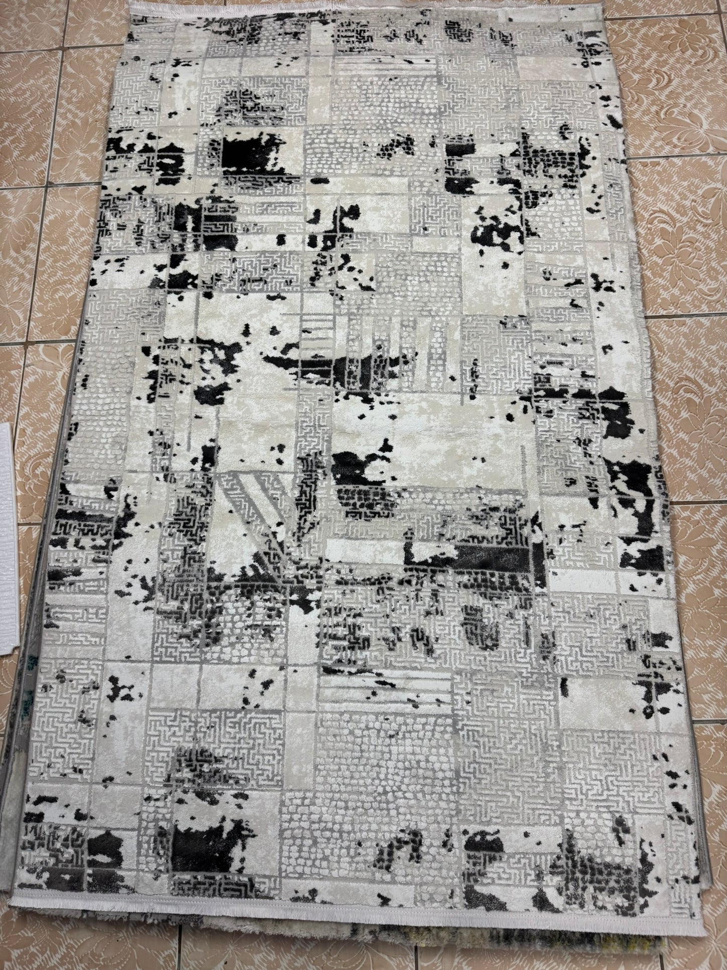 Covor Premium Modern Cu Insertii Grecesti si Franjuri,Gri/Bej/Gri Antracit