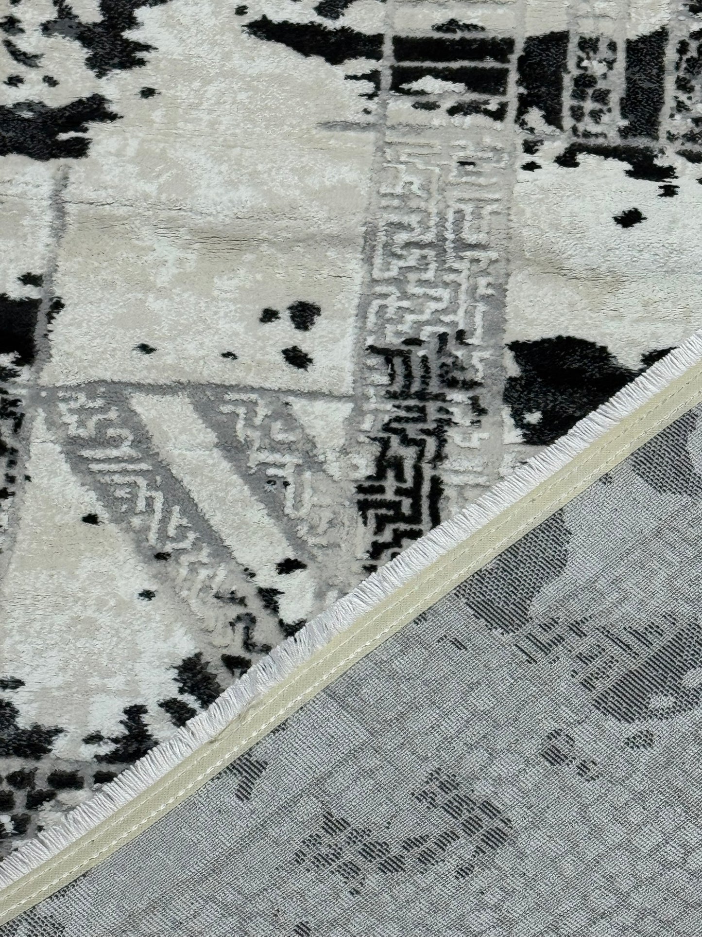 Covor Premium Modern Cu Insertii Grecesti si Franjuri,Gri/Bej/Gri Antracit