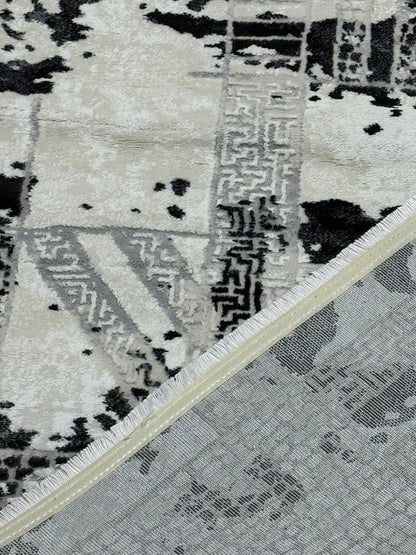 Covor Premium Modern Cu Insertii Grecesti si Franjuri,Gri/Bej/Gri Antracit