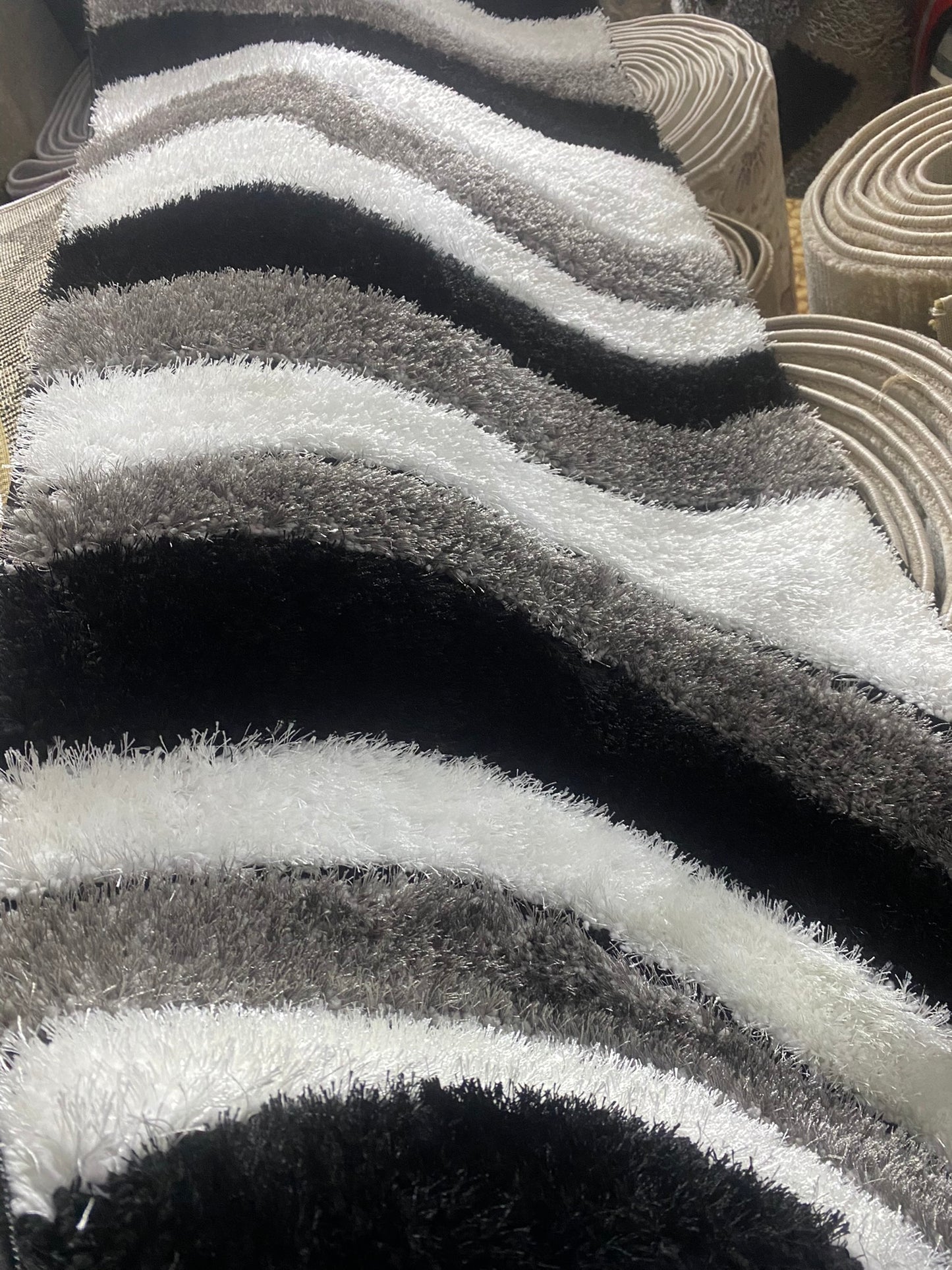 Covor Pufos 3D Tip Valuri,Gri/Negru/Alb