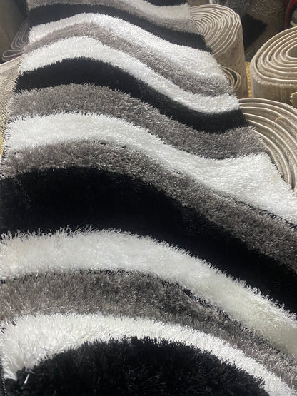 Covor Pufos 3D Tip Valuri,Gri/Negru/Alb