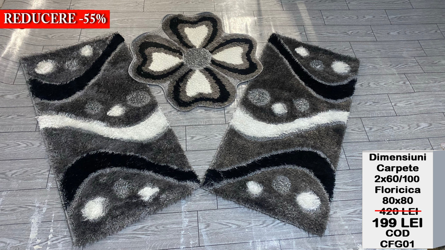 Set Covoare Dormitor cu Floricica cu Insertii Geometrice,Gri/Negru/Alb