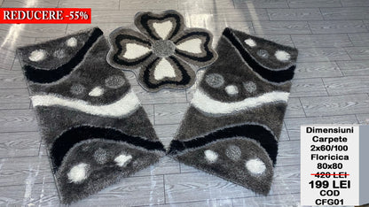 Set Covoare Dormitor cu Floricica cu Insertii Geometrice,Gri/Negru/Alb