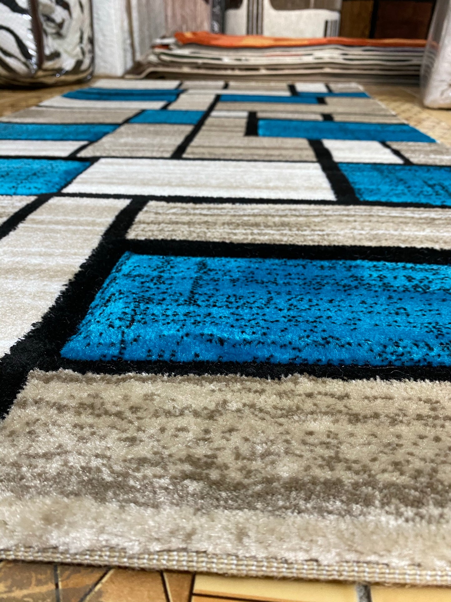 Covor cu Fir Scurt cu Insertii Geometrice de tip Patrate,Bej/Turqoise