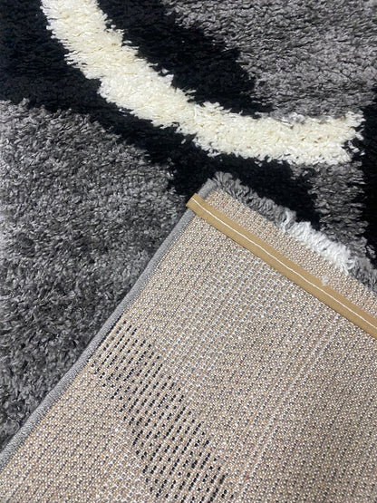 Set Covor cu Traverse Pufoase Shaggy Tip Patrate ,Gri/Negru/Alb