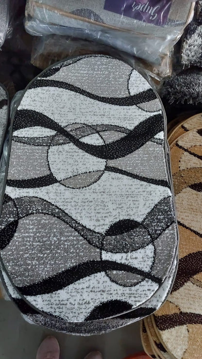 Covor cu insertii Tip Cercuri si Lini,Gri/Negru